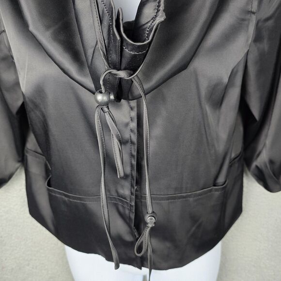 ECI New York Jacket Womens 12 Black Satin Big Collar Swing Crop Pockets Stretch - Picture 13 of 16
